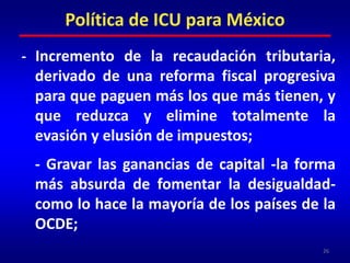El ICU sería financiado con recursos provenientes de cinco principales fuentes de ingresos:     - Reasignación del presupuesto de programas de superación de la pobreza, que sólo en 2010  fueron 281,073 millones de pesos;25Política de ICU para México
