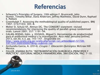 Referencias
• Schwartz's Principles of Surgery, 10th edition F. Brunicardi, John
Hunter, Timothy Billiar, Dana Andersen, Jeffrey Matthews, David Dunn, Raphael
E. Pollock
• Greenhalgh T. Assessing the methodological quality of published papers. BMJ
1997; 315(7103): 305-8.
• Moher D, Schulz KF, Altman DG. The CONSORT statement: revised
recommendations for improving the quality of parallel-group randomised
trials. Lancet 2001; 357: 1191-94.
• GALAN-RODAS, Edén y EGOAVIL, Miguel S. Herramientas de productividad
para el profesional médico y la investigación. Acta méd. peruana [online].
2013, vol.30, n.3, pp. 143-147 . Disponible en:
http://www.scielo.org.pe/scielo.php?script=sci_arttext&pid=S1728-
59172013000300007&lng=es&nrm=iso
• Archundia Garcia, A. (2014). Cirugía 1: Educación Quirúrgica. McGraw Hill
Mexico.
• FULLER, JOANNA RUTH; “INSTRUMENTACIÓN QUIRÚRGICA (PRINCIPIOS Y
PRÁCTICA)”; EDITORIAL MÉDICA PANAMERICANA; 3RA EDICIÓN, PÁG: 7-10.
julio de 2015 35
 