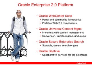 Oracle WebCenter Suite Portal and community frameworks Portable Web 2.0 components Oracle Universal Content Mgmt In-context web content management Conversion, transformation, and reuse Oracle Secure Enterprise Search Scalable, secure search engine Oracle Beehive Collaborative services for the enterprise Oracle Enterprise 2.0 Platform 