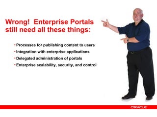 Wrong!  Enterprise Portals still need all these things: Processes for publishing content to users Integration with enterprise applications Delegated administration of portals Enterprise scalability, security, and control 