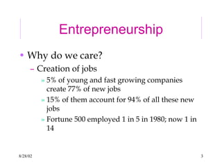 8/28/02 3
Entrepreneurship
• Why do we care?
– Creation of jobs
» 5% of young and fast growing companies
create 77% of new jobs
» 15% of them account for 94% of all these new
jobs
» Fortune 500 employed 1 in 5 in 1980; now 1 in
14
 