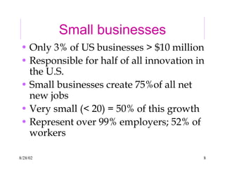 8/28/02 8
Small businesses
• Only 3% of US businesses > $10 million
• Responsible for half of all innovation in
the U.S.
• Small businesses create 75%of all net
new jobs
• Very small (< 20) = 50% of this growth
• Represent over 99% employers; 52% of
workers
 