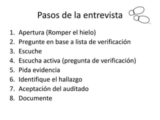 Pasos de la entrevista
1.   Apertura (Romper el hielo)
2.   Pregunte en base a lista de verificación
3.   Escuche
4.   Escucha activa (pregunta de verificación)
5.   Pida evidencia
6.   Identifique el hallazgo
7.   Aceptación del auditado
8.   Documente
 