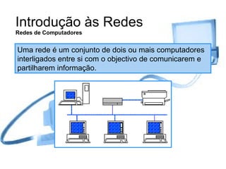 Introdução às Redes Redes de Computadores Uma rede é um conjunto de dois ou mais computadores interligados entre si com o objectivo de comunicarem e partilharem informação. 