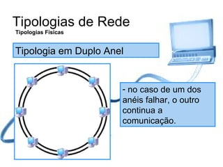 Tipologias de Rede Tipologias Físicas Tipologia em Duplo Anel no caso de um dos anéis falhar, o outro continua a comunicação. 