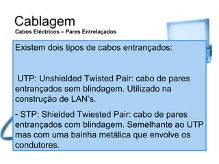 Cablagem Existem dois tipos de cabos entrançados: UTP: Unshielded Twisted Pair: cabo de pares entrançados sem blindagem. Utilizado na construção de LAN’s. STP: Shielded Twiested Pair: cabo de pares entrançados com blindagem. Semelhante ao UTP mas com uma bainha metálica que envolve os condutores. Cabos Eléctricos – Pares Entrelaçados 