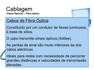 Cablagem Cabos de Fibra Óptica Constituído por um condutor de feixes luminosos, à base de sílica. O cabo transmite sinais ópticos (fotões). As perdas de sinal são muito inferiores às dos cabos eléctricos. Ideais para redes com necessidade de percorrer grandes distâncias e velocidades de transmissão elevadas. Cabos Ópticos – Fibra óptica 