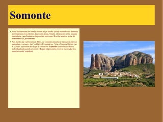 Somonte
● Area lixeiramente inclinada situada
ao pé dunha cadea montañosa e
formada por materiais procedentes
da erosión desta. Sinala a
transición entre a cadea montañosa
e as chairas ou depresións
próximas. Recibe tamén o nome de
somontano ou pedemonte.
● Nos bordes da Depresión do Ebro,
os somontes sinalan a transicion
entre as montañas exteriores da
Cordilleira Pirenaica (ao N) e o
Sistema Ibérico (ao S.). Neles a
erosión deu lugar á formación de
mallos (torreóns rochosos
individualizados pola erosión) e
hoyas (depresións erosivas
escavadas nos materiais máis
brandos).
 