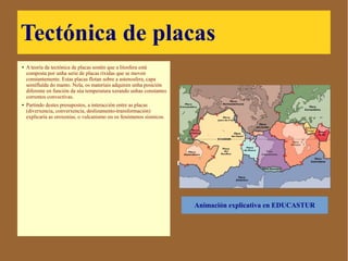 Tectónica de placas
● A teoría da tectónica de placas
sostén que a litosfera está
composta por unha serie de
placas ríxidas que se moven
constantemente. Estas placas
flotan sobre a astenosfera, capa
semifluída do manto. Nela, os
materiais adquiren unha posición
diferente en función da súa
temperatura xerando unhas
constantes correntes convectivas.
● Partindo destes presupostos, a
interacción entre as placas
(diverxencia, converxencia,
deslizamento-transformación)
explicaría as oroxenias, o
vulcanismo ou os fenómenos
sísmicos.
Animación explicativa en EDUCASTUR
 