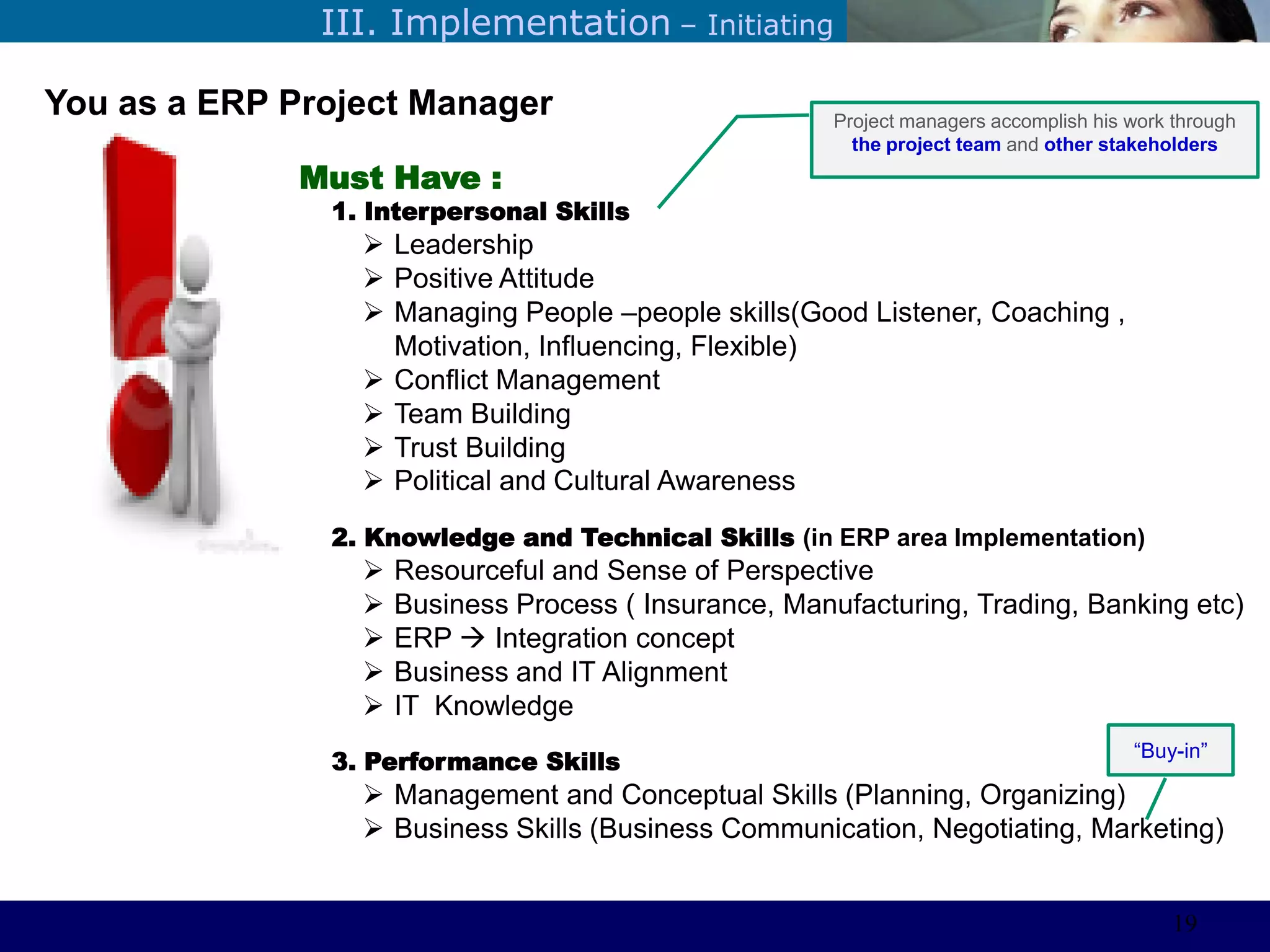 ©Sabaruddinde AB
Perlunya IT DepartemenIII. Implementation – Initiating
You as a ERP Project Manager
Must Have :
1. Interpersonal Skills
 Leadership
 Positive Attitude
 Managing People –people skills(Good Listener, Coaching ,
Motivation, Influencing, Flexible)
 Conflict Management
 Team Building
 Trust Building
 Political and Cultural Awareness
2. Knowledge and Technical Skills (in ERP area Implementation)
 Resourceful and Sense of Perspective
 Business Process ( Insurance, Manufacturing, Trading, Banking etc)
 ERP  Integration concept
 Business and IT Alignment
 IT Knowledge
3. Performance Skills
 Management and Conceptual Skills (Planning, Organizing)
 Business Skills (Business Communication, Negotiating, Marketing)
Project managers accomplish his work through
the project team and other stakeholders
―Buy-in‖
19
 