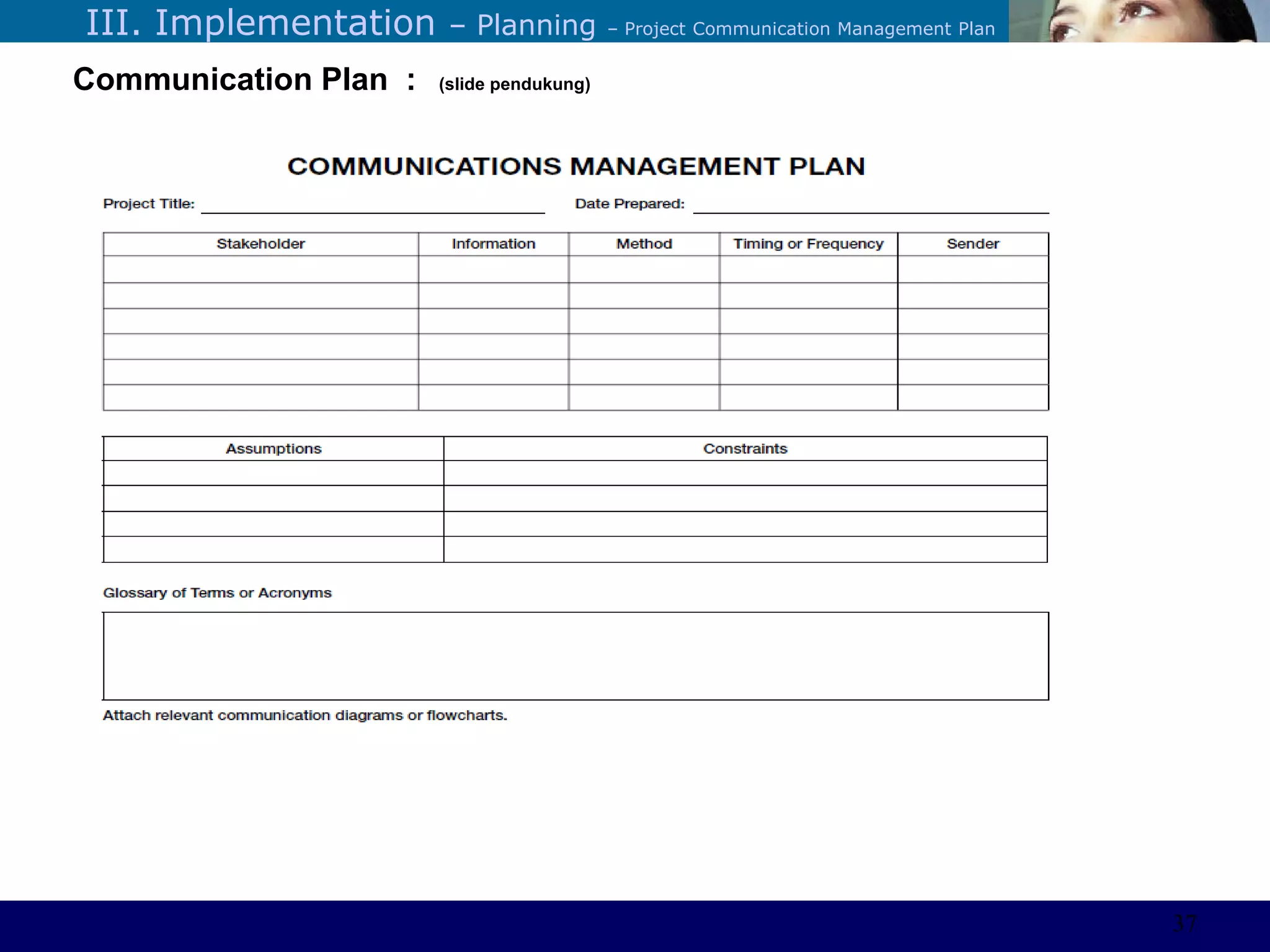 ©Sabaruddinde AB
Perlunya IT DepartemenIII. Implementation – Planning – Project Communication Management Plan
Communication Plan : (slide pendukung)
37
 