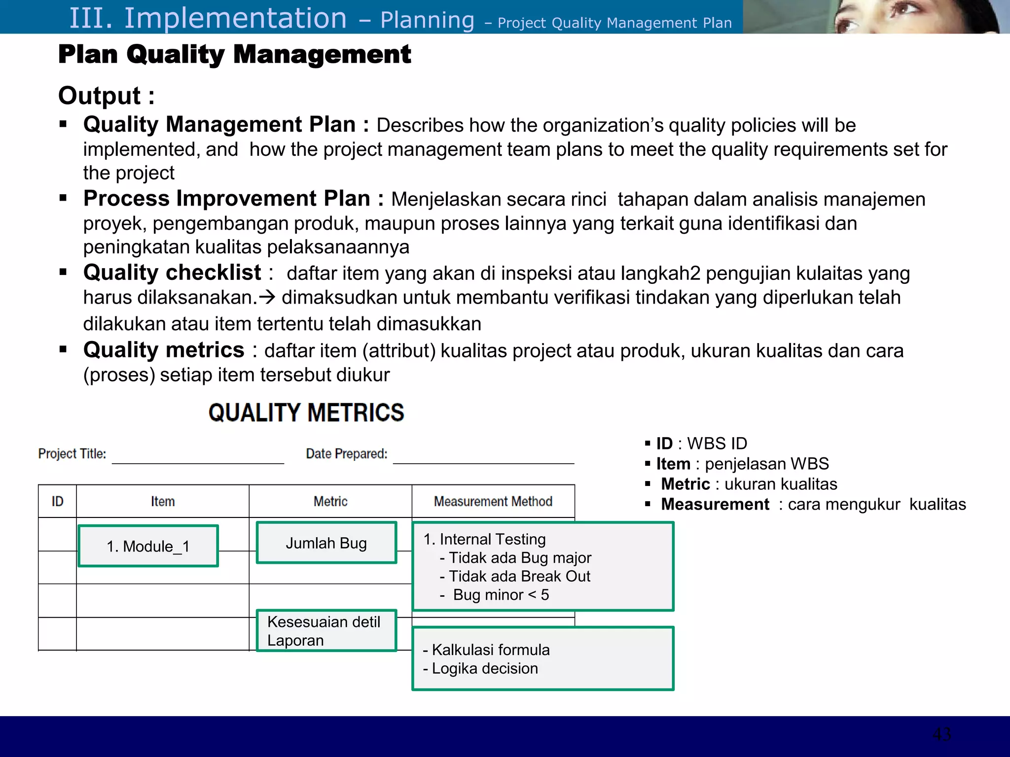 ©Sabaruddinde AB
Perlunya IT DepartemenIII. Implementation – Planning – Project Quality Management Plan
Plan Quality Management
Output :
 Quality Management Plan : Describes how the organization’s quality policies will be
implemented, and how the project management team plans to meet the quality requirements set for
the project
 Process Improvement Plan : Menjelaskan secara rinci tahapan dalam analisis manajemen
proyek, pengembangan produk, maupun proses lainnya yang terkait guna identifikasi dan
peningkatan kualitas pelaksanaannya
 Quality checklist : daftar item yang akan di inspeksi atau langkah2 pengujian kulaitas yang
harus dilaksanakan. dimaksudkan untuk membantu verifikasi tindakan yang diperlukan telah
dilakukan atau item tertentu telah dimasukkan
 Quality metrics : daftar item (attribut) kualitas project atau produk, ukuran kualitas dan cara
(proses) setiap item tersebut diukur
 ID : WBS ID
 Item : penjelasan WBS
 Metric : ukuran kualitas
 Measurement : cara mengukur kualitas
1. Module_1 Jumlah Bug 1. Internal Testing
- Tidak ada Bug major
- Tidak ada Break Out
- Bug minor < 5
Kesesuaian detil
Laporan
- Kalkulasi formula
- Logika decision
43
 