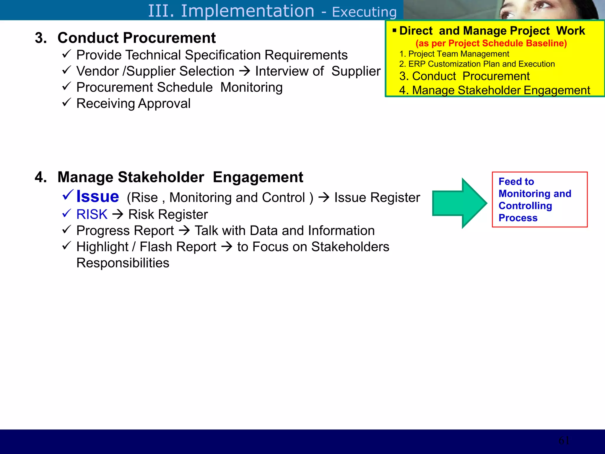 ©Sabaruddinde AB
Perlunya IT DepartemenIII. Implementation - Executing
3. Conduct Procurement
 Provide Technical Specification Requirements
 Vendor /Supplier Selection  Interview of Supplier Performance
 Procurement Schedule Monitoring
 Receiving Approval
4. Manage Stakeholder Engagement
Issue (Rise , Monitoring and Control )  Issue Register
 RISK  Risk Register
 Progress Report  Talk with Data and Information
 Highlight / Flash Report  to Focus on Stakeholders
Responsibilities
 Direct and Manage Project Work
(as per Project Schedule Baseline)
1. Project Team Management
2. ERP Customization Plan and Execution
3. Conduct Procurement
4. Manage Stakeholder Engagement
Feed to
Monitoring and
Controlling
Process
61
 