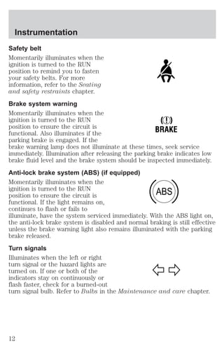 Safety belt 
Momentarily illuminates when the 
ignition is turned to the RUN 
position to remind you to fasten 
your safety belts. For more 
information, refer to the Seating 
and safety restraints chapter. 
Brake system warning 
Momentarily illuminates when the 
ignition is turned to the RUN 
! 
position to ensure the circuit is 
BRAKE 
functional. Also illuminates if the 
parking brake is engaged. If the 
brake warning lamp does not illuminate at these times, seek service 
immediately. Illumination after releasing the parking brake indicates low 
brake fluid level and the brake system should be inspected immediately. 
Anti-lock brake system (ABS) (if equipped) 
Momentarily illuminates when the 
ignition is turned to the RUN 
ABS 
position to ensure the circuit is 
functional. If the light remains on, 
continues to flash or fails to 
illuminate, have the system serviced immediately. With the ABS light on, 
the anti-lock brake system is disabled and normal braking is still effective 
unless the brake warning light also remains illuminated with the parking 
brake released. 
Turn signals 
Illuminates when the left or right 
turn signal or the hazard lights are 
turned on. If one or both of the 
indicators stay on continuously or 
flash faster, check for a burned-out 
turn signal bulb. Refer to Bulbs in the Maintenance and care chapter. 
Instrumentation 
12 
 