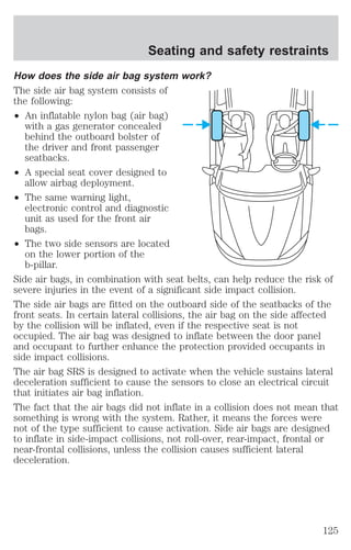 Seating and safety restraints 
How does the side air bag system work? 
The side air bag system consists of 
the following: 
² An inflatable nylon bag (air bag) 
with a gas generator concealed 
behind the outboard bolster of 
the driver and front passenger 
seatbacks. 
² A special seat cover designed to 
allow airbag deployment. 
² The same warning light, 
electronic control and diagnostic 
unit as used for the front air 
bags. 
² The two side sensors are located 
on the lower portion of the 
b-pillar. 
Side air bags, in combination with seat belts, can help reduce the risk of 
severe injuries in the event of a significant side impact collision. 
The side air bags are fitted on the outboard side of the seatbacks of the 
front seats. In certain lateral collisions, the air bag on the side affected 
by the collision will be inflated, even if the respective seat is not 
occupied. The air bag was designed to inflate between the door panel 
and occupant to further enhance the protection provided occupants in 
side impact collisions. 
The air bag SRS is designed to activate when the vehicle sustains lateral 
deceleration sufficient to cause the sensors to close an electrical circuit 
that initiates air bag inflation. 
The fact that the air bags did not inflate in a collision does not mean that 
something is wrong with the system. Rather, it means the forces were 
not of the type sufficient to cause activation. Side air bags are designed 
to inflate in side-impact collisions, not roll-over, rear-impact, frontal or 
near-frontal collisions, unless the collision causes sufficient lateral 
deceleration. 
125 
 