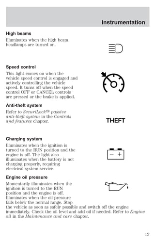 High beams 
Illuminates when the high beam 
headlamps are turned on. 
Speed control 
This light comes on when the 
vehicle speed control is engaged and 
actively controlling the vehicle 
speed. It turns off when the speed 
control OFF or CANCEL controls 
are pressed or the brake is applied. 
Anti-theft system 
Refer to SecuriLocky passive 
anti-theft system in the Controls 
and features chapter. 
Instrumentation 
THEFT 
Charging system 
Illuminates when the ignition is 
turned to the RUN position and the 
engine is off. The light also 
illuminates when the battery is not 
charging properly, requiring 
electrical system service. 
Engine oil pressure 
Momentarily illuminates when the 
ignition is turned to the RUN 
position and the engine is off. 
Illuminates when the oil pressure 
falls below the normal range. Stop 
the vehicle as soon as safely possible and switch off the engine 
immediately. Check the oil level and add oil if needed. Refer to Engine 
oil in the Maintenance and care chapter. 
13 
 