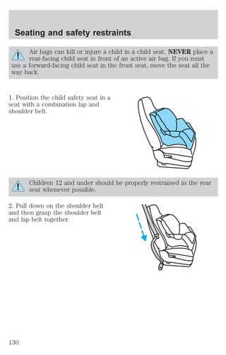 Seating and safety restraints 
Air bags can kill or injure a child in a child seat. NEVER place a 
rear-facing child seat in front of an active air bag. If you must 
use a forward-facing child seat in the front seat, move the seat all the 
way back. 
1. Position the child safety seat in a 
seat with a combination lap and 
shoulder belt. 
Children 12 and under should be properly restrained in the rear 
seat whenever possible. 
2. Pull down on the shoulder belt 
and then grasp the shoulder belt 
and lap belt together. 
130 
 