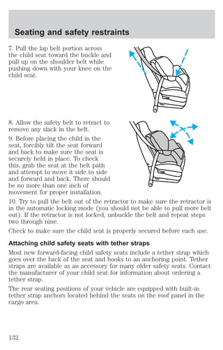 Seating and safety restraints 
7. Pull the lap belt portion across 
the child seat toward the buckle and 
pull up on the shoulder belt while 
pushing down with your knee on the 
child seat. 
8. Allow the safety belt to retract to 
remove any slack in the belt. 
9. Before placing the child in the 
seat, forcibly tilt the seat forward 
and back to make sure the seat is 
securely held in place. To check 
this, grab the seat at the belt path 
and attempt to move it side to side 
and forward and back. There should 
be no more than one inch of 
movement for proper installation. 
10. Try to pull the belt out of the retractor to make sure the retractor is 
in the automatic locking mode (you should not be able to pull more belt 
out). If the retractor is not locked, unbuckle the belt and repeat steps 
two through nine. 
Check to make sure the child seat is properly secured before each use. 
Attaching child safety seats with tether straps 
Most new forward-facing child safety seats include a tether strap which 
goes over the back of the seat and hooks to an anchoring point. Tether 
straps are available as an accessory for many older safety seats. Contact 
the manufacturer of your child seat for information about ordering a 
tether strap. 
The rear seating positions of your vehicle are equipped with built-in 
tether strap anchors located behind the seats on the roof panel in the 
cargo area. 
132 
 