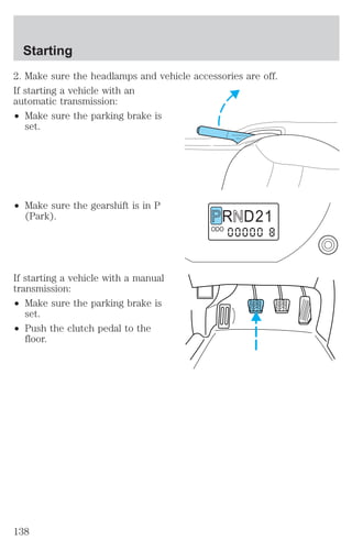 2. Make sure the headlamps and vehicle accessories are off. 
If starting a vehicle with an 
automatic transmission: 
² Make sure the parking brake is 
set. 
² Make sure the gearshift is in P 
(Park). 
If starting a vehicle with a manual 
transmission: 
² Make sure the parking brake is 
set. 
² Push the clutch pedal to the 
floor. 
R D 2 1 
ODO 
Starting 
138 
 