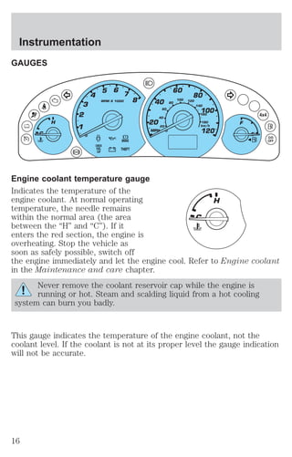 Instrumentation 
GAUGES 
BRAKE 
THEFT 
4x4 
O/D 
OFF 
CHECK 
FUEL 
CAP 
Engine coolant temperature gauge 
Indicates the temperature of the 
engine coolant. At normal operating 
temperature, the needle remains 
within the normal area (the area 
between the “H” and “C”). If it 
enters the red section, the engine is 
overheating. Stop the vehicle as 
soon as safely possible, switch off 
the engine immediately and let the engine cool. Refer to Engine coolant 
in the Maintenance and care chapter. 
Never remove the coolant reservoir cap while the engine is 
running or hot. Steam and scalding liquid from a hot cooling 
system can burn you badly. 
This gauge indicates the temperature of the engine coolant, not the 
coolant level. If the coolant is not at its proper level the gauge indication 
will not be accurate. 
16 
 