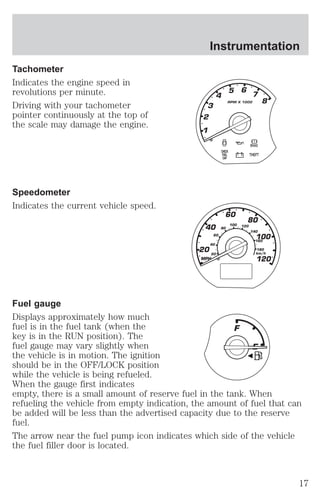 Tachometer 
Indicates the engine speed in 
revolutions per minute. 
Driving with your tachometer 
pointer continuously at the top of 
the scale may damage the engine. 
Speedometer 
Indicates the current vehicle speed. 
Instrumentation 
40 
60 
40 
20 
20 
MPH 
60 
80 
80 
100 
100 120 
140 
160 
180 
km/h 
120 
Fuel gauge 
Displays approximately how much 
fuel is in the fuel tank (when the 
key is in the RUN position). The 
fuel gauge may vary slightly when 
the vehicle is in motion. The ignition 
should be in the OFF/LOCK position 
while the vehicle is being refueled. 
When the gauge first indicates 
empty, there is a small amount of reserve fuel in the tank. When 
refueling the vehicle from empty indication, the amount of fuel that can 
be added will be less than the advertised capacity due to the reserve 
fuel. 
The arrow near the fuel pump icon indicates which side of the vehicle 
the fuel filler door is located. 
17 
 