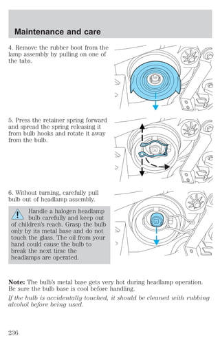 Maintenance and care 
4. Remove the rubber boot from the 
lamp assembly by pulling on one of 
the tabs. 
5. Press the retainer spring forward 
and spread the spring releasing it 
from bulb hooks and rotate it away 
from the bulb. 
6. Without turning, carefully pull 
bulb out of headlamp assembly. 
Handle a halogen headlamp 
bulb carefully and keep out 
of children’s reach. Grasp the bulb 
only by its metal base and do not 
touch the glass. The oil from your 
hand could cause the bulb to 
break the next time the 
headlamps are operated. 
Note: The bulb’s metal base gets very hot during headlamp operation. 
Be sure the bulb base is cool before handling. 
If the bulb is accidentally touched, it should be cleaned with rubbing 
alcohol before being used. 
236 
 