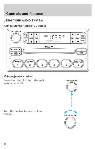 USING YOUR AUDIO SYSTEM 
AM/FM Stereo / Single CD Radio 
BASS 
CD 
FM1 ST 
TREB BAL FADE 
TUNE 
CD CD SHUFFLE 
Volume/power control 
Press the control to turn the audio 
system on or off. 
Turn the control to raise or lower 
volume. 
SCN 
CLK 
AM 
FM 
VOL - PUSH ON 
SEEK EJ 
COMP 
DISC 
DISCS 
1 2 3 4 5 6 
VOL - PUSH ON 
VOL - PUSH ON 
Controls and features 
26 
 