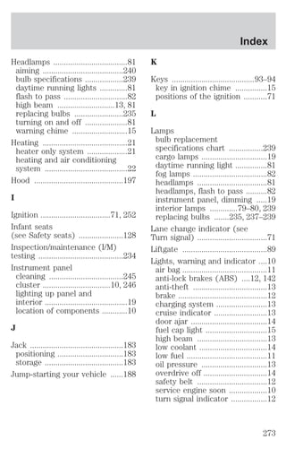Headlamps ...................................81 
aiming ......................................240 
bulb specifications ..................239 
daytime running lights .............81 
flash to pass ..............................82 
high beam ...........................13, 81 
replacing bulbs .......................235 
turning on and off ....................81 
warning chime ..........................15 
Heating ........................................21 
heater only system ...................21 
heating and air conditioning 
system .......................................22 
Hood ..........................................197 
I 
Ignition .................................71, 252 
Infant seats 
(see Safety seats) .....................128 
Inspection/maintenance (I/M) 
testing ........................................234 
Instrument panel 
cleaning ...................................245 
cluster ................................10, 246 
lighting up panel and 
interior .......................................19 
location of components ............10 
J 
Jack ............................................183 
positioning ...............................183 
storage .....................................183 
Jump-starting your vehicle ......188 
Index 
K 
Keys .......................................93–94 
key in ignition chime ...............15 
positions of the ignition ...........71 
L 
Lamps 
bulb replacement 
specifications chart ................239 
cargo lamps ...............................19 
daytime running light ...............81 
fog lamps ...................................82 
headlamps .................................81 
headlamps, flash to pass ..........82 
instrument panel, dimming .....19 
interior lamps .............79–80, 239 
replacing bulbs .......235, 237–239 
Lane change indicator (see 
Turn signal) .................................71 
Liftgate ........................................89 
Lights, warning and indicator ....10 
air bag ........................................11 
anti-lock brakes (ABS) ....12, 142 
anti-theft ...................................13 
brake ..........................................12 
charging system ........................13 
cruise indicator .........................13 
door ajar ....................................14 
fuel cap light .............................15 
high beam .................................13 
low coolant ................................14 
low fuel ......................................11 
oil pressure ...............................13 
overdrive off ..............................14 
safety belt .................................12 
service engine soon ..................10 
turn signal indicator .................12 
273 
 