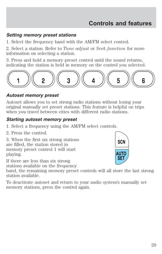 Controls and features 
Setting memory preset stations 
1. Select the frequency band with the AM/FM select control. 
2. Select a station. Refer to Tune adjust or Seek function for more 
information on selecting a station. 
3. Press and hold a memory preset control until the sound returns, 
indicating the station is held in memory on the control you selected. 
1 2 3 4 5 6 
Autoset memory preset 
Autoset allows you to set strong radio stations without losing your 
original manually set preset stations. This feature is helpful on trips 
when you travel between cities with different radio stations. 
Starting autoset memory preset 
1. Select a frequency using the AM/FM select controls. 
2. Press the control. 
3. When the first six strong stations 
are filled, the station stored in 
SCN 
memory preset control 1 will start 
playing. 
AUTO 
SET 
If there are less than six strong 
stations available on the frequency 
band, the remaining memory preset controls will all store the last strong 
station available. 
To deactivate autoset and return to your audio system’s manually set 
memory stations, press the control again. 
29 
 