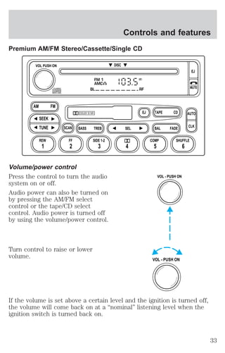 Controls and features 
Premium AM/FM Stereo/Cassette/Single CD 
DISC 
FM 1 
AMC 
BL RF 
EJ TAPE 
CD 
DOLBY B NR 
ST 
SCAN BASS TREB SEL BAL 
VOL PUSH ON 
AM FM 
SEEK 
TUNE 
REW FF 
SIDE 1-2 COMP SHUFFLE 
1 2 3 4 5 6 
Volume/power control 
Press the control to turn the audio 
system on or off. 
Audio power can also be turned on 
by pressing the AM/FM select 
control or the tape/CD select 
control. Audio power is turned off 
by using the volume/power control. 
Turn control to raise or lower 
volume. 
FADE 
EJ 
MUTE 
AUTO 
CLK 
VOL - PUSH ON 
VOL - PUSH ON 
If the volume is set above a certain level and the ignition is turned off, 
the volume will come back on at a “nominal” listening level when the 
ignition switch is turned back on. 
33 
 