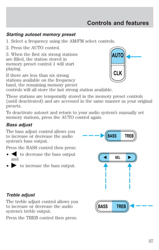 Controls and features 
Starting autoset memory preset 
1. Select a frequency using the AM/FM select controls. 
2. Press the AUTO control. 
3. When the first six strong stations 
are filled, the station stored in 
memory preset control 1 will start 
playing. 
If there are less than six strong 
stations available on the frequency 
band, the remaining memory preset 
controls will all store the last strong station available. 
These stations are temporarily stored in the memory preset controls 
(until deactivated) and are accessed in the same manner as your original 
presets. 
To deactivate autoset and return to your audio system’s manually set 
memory stations, press the AUTO control again. 
Bass adjust 
The bass adjust control allows you 
to increase or decrease the audio 
system’s bass output. 
Press the BASS control then press: 
² to decrease the bass output 
and 
² to increase the bass output. 
Treble adjust 
The treble adjust control allows you 
to increase or decrease the audio 
system’s treble output. 
Press the TREB control then press: 
AUTO 
CLK 
BASS TREB 
SEL 
BASS TREB 
37 
 