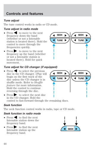 Tune adjust 
The tune control works in radio or CD mode. 
Tune adjust in radio mode 
² Press to move to the next 
frequency down the band 
(whether or not a listenable 
station is located there). Hold the 
control to move through the 
frequencies quickly. 
² Press to move to the next 
frequency up the band (whether 
or not a listenable station is 
located there). Hold for quick 
movement. 
Tune adjust for CD changer (if equipped) 
² Press to select the previous 
disc in the CD changer. (Play will 
begin on the first track of the 
disc unless the CD changer is in 
shuffle mode. Refer to Shuffle 
feature for more information. 
Hold the control to continue 
reversing through the disc. 
² Press to select the next disc 
in the CD changer. Hold the 
control to fast-forward through the remaining discs. 
Seek function 
The seek function control works in radio, tape or CD mode. 
Seek function in radio mode 
² Press to find the next 
listenable station down the 
frequency band. 
² Press to find the next 
listenable station up the 
frequency band. 
SEEK 
TUNE 
SEEK 
TUNE 
SEEK 
TUNE 
SEEK 
TUNE 
Controls and features 
44 
 