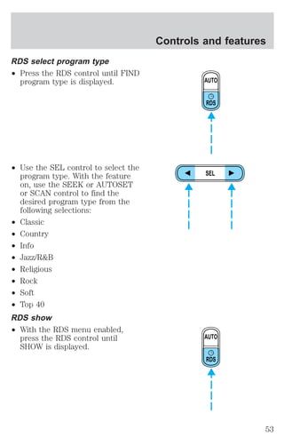 RDS select program type 
² Press the RDS control until FIND 
program type is displayed. 
² Use the SEL control to select the 
program type. With the feature 
on, use the SEEK or AUTOSET 
or SCAN control to find the 
desired program type from the 
following selections: 
² Classic 
² Country 
² Info 
² Jazz/R&B 
² Religious 
² Rock 
² Soft 
² Top 40 
RDS show 
² With the RDS menu enabled, 
press the RDS control until 
SHOW is displayed. 
Controls and features 
AUTO 
RDS 
SEL 
AUTO 
RDS 
53 
 