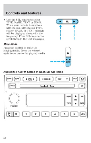 Controls and features 
² Use the SEL control to select 
TYPE, NAME, TEXT or NONE. 
When your radio is turned to a 
RDS station, RDS station TYPE, 
station NAME, or TEXT message 
will be displayed along with the 
frequency. Press SEL in order to 
scroll through the text messages. 
Mute mode 
Press the control to mute the 
playing media. Press the control 
again to return to the playing media. 
Audiophile AM/FM Stereo In Dash Six CD Radio 
SEL 
EJ 
MUTE 
DISC SEEK REW FF 
TUNE 
SHUF DSP 
MUTE 
LOAD EJ 
BASS BAL 
SEL 
TREB FADE 
SCAN 
PUSH ON 
AM CD 1 2 3 4 5 6 MENU 
FM 
54 
 