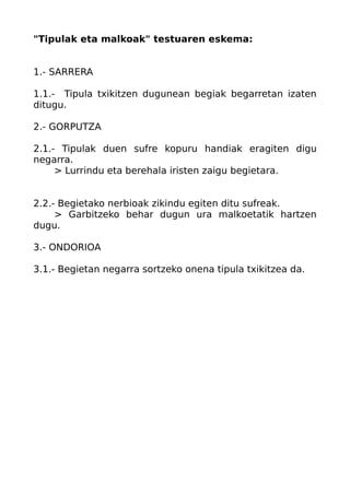 "Tipulak eta malkoak" testuaren eskema:
1.- SARRERA
1.1.- Tipula txikitzen dugunean begiak begarretan izaten
ditugu.
2.- GORPUTZA
2.1.- Tipulak duen sufre kopuru handiak eragiten digu
negarra.
> Lurrindu eta berehala iristen zaigu begietara.
2.2.- Begietako nerbioak zikindu egiten ditu sufreak.
> Garbitzeko behar dugun ura malkoetatik hartzen
dugu.
3.- ONDORIOA
3.1.- Begietan negarra sortzeko onena tipula txikitzea da.

 
