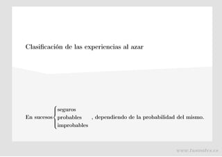 Clasificación de las experiencias al azar
En sucesos
seguros
probables
improbables
, dependiendo de la probabilidad del mismo.
www.tusmates.es