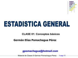 CLASE 01: Conceptos básicos

Germán Elías Pomachagua Pérez



       gpomachagua@hotmail.com
  Material de Clases © German Pomachagua Perez   1-sep-11
 