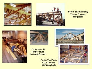 Fonte: Site da Heavy
Timber Trusses
Malqueen
Fonte: Site da
Timber Truss
Housyng System
Fonte: The Forfar
Roof Trusses
Company Ltda
 