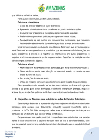 15
que foi lido e verbalizar ideias.
Para ajudar nos estudos, podem usar podcasts.
Estudante cinestésico
• Gosta de praticar esportes e fazer exercícios;
• Apresenta o hábito de rabiscar o caderno, enquanto assiste às aulas;
• Costuma ficar impaciente e inquieto na carteira durante as aulas;
• Prefere abordagens mais práticas para aprender coisas novas;
• Possivelmente se sai melhor em componentes curriculares, que requerem
movimento e esforço físico, como educação física e aulas em laboratório.
Uma forma de ajudar o estudante cinestésico a fazer com que a inquietação se
torne favorável ao seu aprendizado e possibilitar que ele retenha mais informações em
aulas expositivas é orientá-lo a registrar as informações em aulas expositivas, e
registrar em forma de desenhos ou de mapas mentais. Questões de múltipla escolha
serão sempre as melhores opções.
Estudante visual
• Memoriza com maior facilidade os conteúdos, por meio de estímulos visuais ;
• Gosta de ler e presta mais atenção no que está escrito no quadro ou nos
slides durante as aulas;
• Faz anotações durante as aulas;
• Utiliza as imagens como um grande elemento para fixação do aprendizado;
Eles aprendem mais, quando se sentam nas carteiras da frente e longe das
janelas e da porta, para evitar distrações. Facilmente interpretam gráficos, mapas e
artigos, fazem anotações, grifam e sublinham momentos importantes de um texto.
4.1.Sugestões de Técnicas para subsidiar as aulas de Estudos Orientados
Este espaço dedica-se a apresentar algumas sugestões de técnicas que foram
pensadas para compor este documento, enquanto subsídio importante, para o
professor da UCC- EO. Não se esgotam nelas, mas acredita-se que servirão para a
condução de um trabalho que se quer eficaz e motivador.
Espera-se com isso, poder contribuir com professores e estudantes, que estarão
frente a essa unidade com o objetivo de fazer valer de fato e ser materializado, tudo
que for possível, para tornar o estudante mais bem disciplinado para o estudo individual
e coletivo.
 