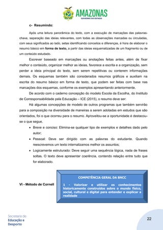 22
c- Resumindo:
Após uma leitura panorâmica do texto, com a execução de marcações das palavras-
chave, separação das ideias relevantes, com todas as observações marcadas ou circuladas,
com seus significados ao lado, setas identificando conceitos e diferenças, é hora de elaborar o
resumo básico em forma de texto, a partir das ideias esquematizadas de um fragmento ou de
um conteúdo estudado.
Escrever baseado em marcações ou anotações feitas antes, além de fixar
melhor o conteúdo, organizar melhor as ideias, favorece a escrita e a organização, sem
perder a ideia principal do texto, sem serem repetitivas ou conterem informações
demais. Os esquemas também são considerados resumos gráficos e auxiliam na
escrita do resumo básico em forma de texto, que podem ser feitas com base nas
marcações dos esquemas, conforme os exemplos apresentando anteriormente.
De acordo com o caderno concepção do modelo Escola da Escolha, do Instituto
de Corresponsabilidade pela Educação – ICE (2015), o resumo deve ser:
Há algumas concepções de modelo de outros programas que também servirão
para a composição na diversidade de maneiras a serem adotadas em estudos que são
orientados, foi o que ocorreu para o resumo. Aproveitou-se a oportunidade é destacou-
se o que segue.
• Breve e conciso: Elimina-se qualquer tipo de exemplos e detalhes dado pelo
autor;
• Pessoal: Deve ser dirigido com as palavras do estudante. Quando
reescrevemos um texto internalizamos melhor os assuntos;
• Logicamente estruturado: Deve seguir uma sequência lógica, nada de frases
soltas. O texto deve apresentar coerência, contendo relação entre tudo que
for elaborado.
VI - Método de Cornell
COMPETÊNCIA GERAL DA BNCC
1 - Valorizar e utilizar os conhecimentos
historicamente construídos sobre o mundo físico,
social, cultural e digital para entender e explicar a
realidade
 