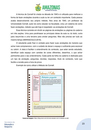 23
A técnica de Cornell foi criada na década de 1940 e é utilizada para melhorar a
forma de fazer anotações durante a aula ou ler um conteúdo importante. Cada pessoa
acaba desenvolvendo seu próprio método. Nos anos de 1940, um professor da
Universidade Cornell, autor de como estudar na faculdade, criou um sistema de como
fazer anotações, método que até hoje é respeitado: as anotações de Cornell.
Essa técnica consiste em dividir as páginas de anotações ou páginas do caderno
em três seções. Uma para parafrasear as principais ideias da aula ou do texto, outra
para resumi-las e uma terceira para anotar perguntas. Mas não precisa ser tudo ao
mesmo tempo (MARASCIULO,2018).
O estudante pode ficar à vontade para fazer suas anotações de maneira que
achar mais compreensivo, com o cuidado de deixar o espaço o suficiente para escrever
ou colorir. A ideia é facilitar o entendimento do conteúdo, que estar sendo estudado,
identificar cada espaço com canetas de cores diferentes, desenhos, o que achar
pertinentes para o seu entendimento. Cada parte da folha do caderno é dedicada para
um tipo de anotação, perguntas, dúvidas, respostas, título do conteúdo, tudo que
facilite a revisão para a hora da prova.
Exemplo de como utilizar o Método de Cornell:
Fonte da imagem: https://blog.enem.com.br/como-estudar-com-o-metodo-cornell/
 