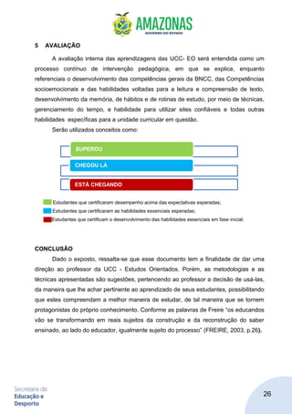 26
5 AVALIAÇÃO
A avaliação interna das aprendizagens das UCC- EO será entendida como um
processo contínuo de intervenção pedagógica, em que se explica, enquanto
referenciais o desenvolvimento das competências gerais da BNCC, das Competências
socioemocionais e das habilidades voltadas para a leitura e compreensão de texto,
desenvolvimento da memória, de hábitos e de rotinas de estudo, por meio de técnicas,
gerenciamento do tempo, e habilidade para utilizar sites confiáveis e todas outras
habilidades específicas para a unidade curricular em questão.
Serão utilizados conceitos como:
Estudantes que certificaram desempenho acima das expectativas esperadas;
Estudantes que certificaram as habilidades essenciais esperadas;
Estudantes que certificam o desenvolvimento das habilidades essenciais em fase inicial.
CONCLUSÃO
Dado o exposto, ressalta-se que esse documento tem a finalidade de dar uma
direção ao professor da UCC - Estudos Orientados. Porém, as metodologias e as
técnicas apresentadas são sugestões, pertencendo ao professor a decisão de usá-las,
da maneira que lhe achar pertinente ao aprendizado de seus estudantes, possibilitando
que estes compreendam a melhor maneira de estudar, de tal maneira que se tornem
protagonistas do próprio conhecimento. Conforme as palavras de Freire “os educandos
vão se transformando em reais sujeitos da construção e da reconstrução do saber
ensinado, ao lado do educador, igualmente sujeito do processo” (FREIRE, 2003, p.26).
SUPEROU
CHEGOU LÁ
ESTÁ CHEGANDO
 