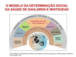 Fonte: Dahlgren G, Whitehead M. Policies and strategies to promote social equity in health. Stocolm, Institute for
Future Studies, 1991.
O MODELO DA DETERMINAÇÃO SOCIAL
DA SAÚDE DE DAHLGREN E WHITEHEAD
 