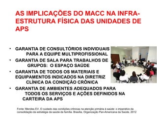 AS IMPLICAÇÕES DO MACC NA INFRA-
ESTRUTURA FÍSICA DAS UNIDADES DE
APS
• GARANTIA DE CONSULTÓRIOS INDIVIDUAIS
PARA A EQUIPE MULTIPROFISSIONAL
• GARANTIA DE SALA PARA TRABALHOS DE
GRUPOS: O ESPAÇO SAÚDE
• GARANTIA DE TODOS OS MATERIAIS E
EQUIPAMENTOS INDICADOS NA DIRETRIZ
CLÍNICA DA CONDIÇÃO CRÔNICA
• GARANTIA DE AMBIENTES ADEQUADOS PARA
TODOS OS SERVIÇOS E AÇÕES DEFINIDOS NA
CARTEIRA DA APS
Fonte: Mendes EV. O cuidado das condições crônicas na atenção primária à saúde: o imperativo da
consolidação da estratégia da saúde da família. Brasília, Organização Pan-Americana da Saúde, 2012
 