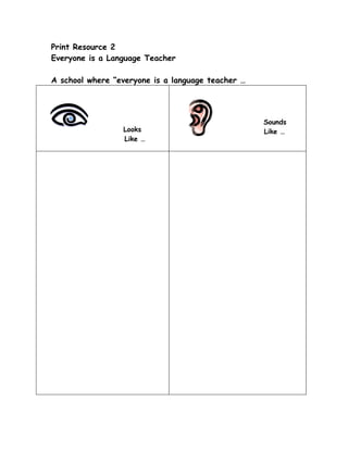 Print Resource 2
Everyone is a Language Teacher
A school where “everyone is a language teacher …
Looks
Like …
Sounds
Like …
 