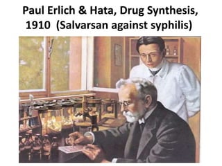 Paul Erlich & Hata, Drug Synthesis,
1910 (Salvarsan against syphilis)
 