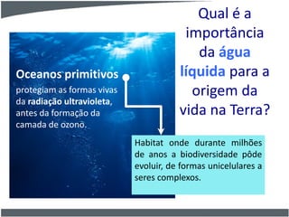 Qual é a
importância
da água
líquida para a
origem da
vida na Terra?
Oceanos primitivos
protegiam as formas vivas
da radiação ultravioleta,
antes da formação da
camada de ozono.
Habitat onde durante milhões
de anos a biodiversidade pôde
evoluir, de formas unicelulares a
seres complexos.
 