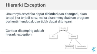 Hierarki Exception 
Umumnya exception dapat dihindari dan ditangani, akan 
tetapi jika terjadi error, maka akan menyebabkan program 
berhenti mendadak dan tidak dapat ditangani. 
Gambar disamping adalah 
hierarki exception. 
 