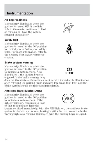 Air bag readiness 
Momentarily illuminates when the 
ignition is turned ON. If the light 
fails to illuminate, continues to flash 
or remains on, have the system 
serviced immediately. 
Safety belt 
Momentarily illuminates when the 
ignition is turned to the ON position 
to remind you to fasten your safety 
belts. For more information, refer to 
the Seating and safety restraints 
chapter. 
Brake system warning 
Momentarily illuminates when the 
ignition is turned to the ON position 
! 
to indicate a system check. Also 
BRAKE 
illuminates if the parking brake is 
engaged. If the brake warning lamp 
does not illuminate at these times, seek service immediately. Illumination 
after releasing the parking brake indicates low brake fluid level and the 
brake system should be inspected immediately. 
Anti-lock brake system (ABS) 
Momentarily illuminates when the 
ignition is turned to the ON position 
ABS 
to indicate a system check. If the 
light remains on, continues to flash 
or fails to illuminate, have the 
system serviced immediately. With the ABS light on, the anti-lock brake 
system is disabled and normal braking is still effective unless the brake 
warning light also remains illuminated with the parking brake released. 
Instrumentation 
12 
 