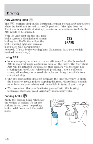 ABS warning lamp ABS 
The ABS warning lamp in the instrument cluster momentarily illuminates 
when the ignition is turned to the ON position. If the light does not 
illuminate momentarily at start up, remains on or continues to flash, the 
ABS needs to be serviced. 
With the ABS light on, the anti-lock 
brake system is disabled and normal 
! 
braking is still effective unless the 
BRAKE 
brake warning light also remains 
illuminated with parking brake 
released. (If your brake warning lamp illuminates, have your vehicle 
serviced immediately.) 
Using ABS 
² In an emergency or when maximum efficiency from the four-wheel 
ABS is required, apply continuous force on the brake. The four wheel 
ABS will be activated immediately, thus allowing you to retain full 
steering control of your vehicle and, providing there is sufficient 
space, will enable you to avoid obstacles and bring the vehicle to a 
controlled stop. 
² The anti-lock system does not decrease the time necessary to apply 
the brakes or always reduce stopping distance. Always leave enough 
room between your vehicle and the vehicle in front of you to stop. 
² We recommend that you familiarize yourself with this braking 
technique. However, avoid taking any unnecessary risks. 
Parking brake 
Apply the parking brake whenever 
BRAKE 
the vehicle is parked. To set the 
RELEASE 
parking brake, press the parking 
brake pedal down until the pedal 
stops. 
Driving 
126 
 